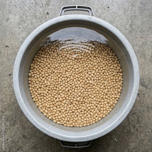 Top view of organic soybeans soaking in water for industrial food production.