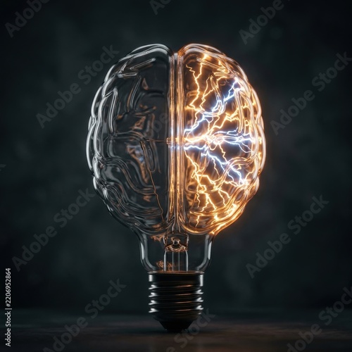 Innovative glass brain lightbulb glowing with electric energy sparks on a dark background