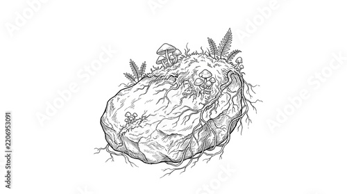 Hand-drawn Illustration of a Rock with Plants and Roots Growing on It