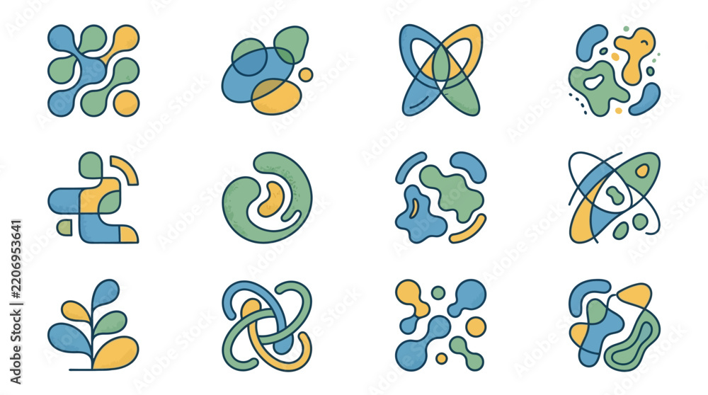 Obraz premium Industrial Abstract Colorful Knot and Blob Design Patterns with Blue Green and Yellow Shapes for Modern Branding