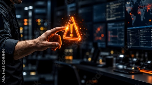 Security analyst touching a glowing orange warning triangle hologram in a dark monitoring control room, representing threat detection and incident response