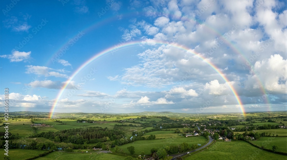 Obraz premium Vibrant rainbow arcs gracefully over lush green fields. Crisp blue sky hosts fluffy white clouds above. Rolling countryside stretches beneath the colorful spectacle