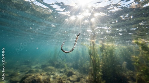 Sunlight pierces clear water, casting shimmering rays. Fishing hook hangs suspended, untouched, in tranquil blue. Plants sway gently below, rooted in soft, rocky seabed