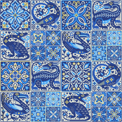 Pixel Art Floral Mosaic Mediterranean Tile Seamless Pattern