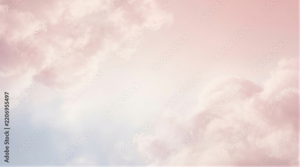 Obraz premium Soft pink clouds drift in a gentle sky. Pastel hues blend in dreamy, serene tones. Light shines through fluffy, cotton-like formations. Perfect for romantic or tranquil mood scenes