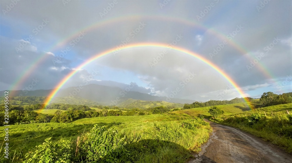 Obraz premium Double rainbow arcs gracefully over lush green hills. Dirt path winds through vibrant grass under soft light. Mountains rise quietly behind the earthy landscape