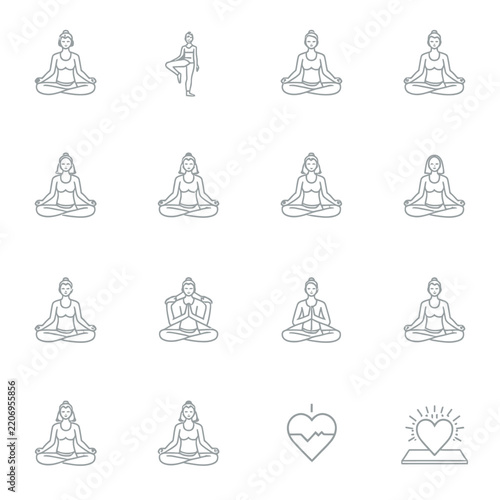 Yoga poses and meditation vector icons set for physical fitness and spiritual wellness.