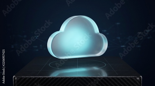 Glossy Glass Cloud Icon Floating Above Digital Technology Platform for Cloud Computing and Data Storage Concepts