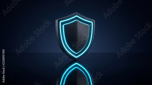 Cyber Security Shield Icon with Glowing Blue Neon Light Effect on Dark Background