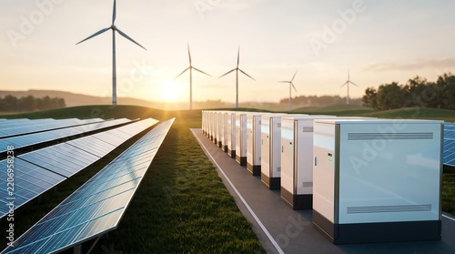 Large scale battery storage facility units aligned beside solar panel fields with wind turbines at sunset representing clean energy transition and smart grid power management technology