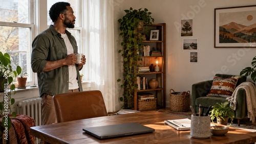 Man In Sage Green Shirt Holding Coffee Mug By Window Taking Mindful Work Break