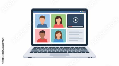 Virtual meeting on a laptop screen with diverse team avatars during a digital webinar session.