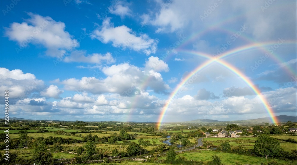 Obraz premium Rainbow arches over green fields under a bright blue sky. White clouds drift gently across the horizon. Villages dot the landscape in soft hues. Second, fainter rainbow curves behind the main one