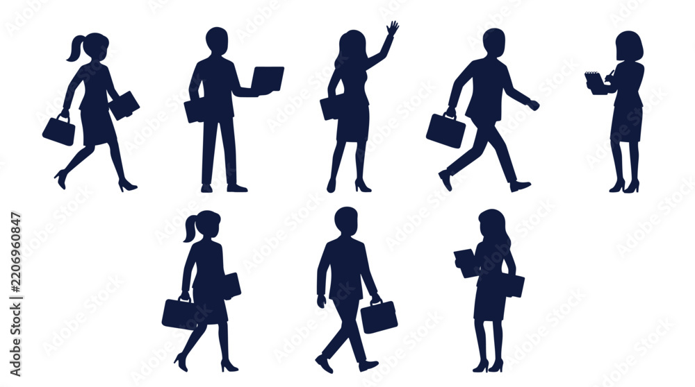 Obraz premium Business people silhouettes set with briefcases and laptops on white