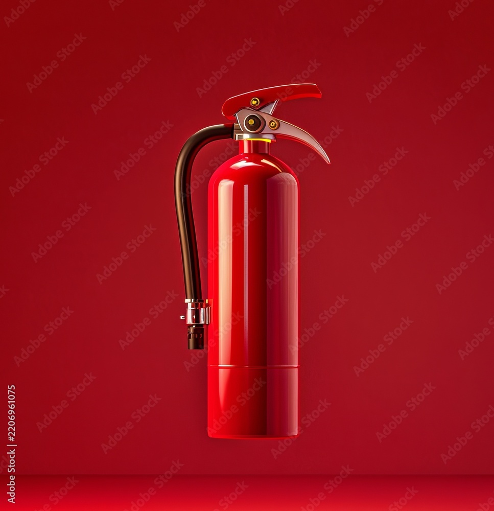 Obraz premium A vibrant red fire extinguisher stands against a bold red background. This image captures safety and preparedness. Ideal for safety campaigns or educational materials. AI