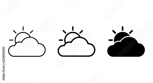 Sun Behind Cloud Icons, Weather Symbols, Partly Cloudy Forecast Graphics, Simple Line Art