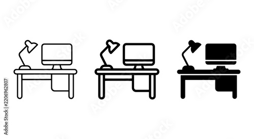 Minimalist Desk Setup Icons: Computer, Lamp, Workspace Icons. Office Furniture, Digital Workstation, Study Area Icons.