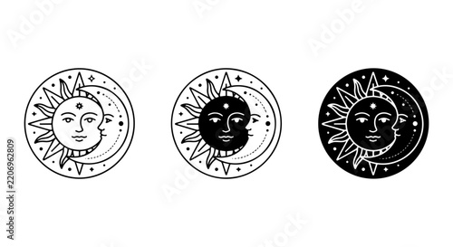 Celestial Sun and Moon Icons, Mystical Cosmic Symbols, Zodiac Astrology Elements, Yin Yang Balance