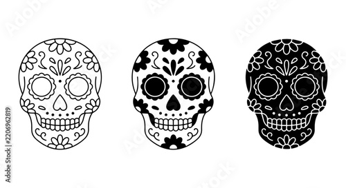 Sugar Skull Vector Icons, Day of the Dead Decorative Skulls, Floral Ornament Patterns, Dia de los Muertos Celebration Graphics