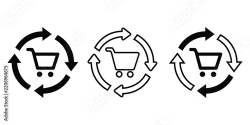 Shopping cart circular arrows for ecommerce order processing, online shopping, product exchange and retail workflow vector icon set