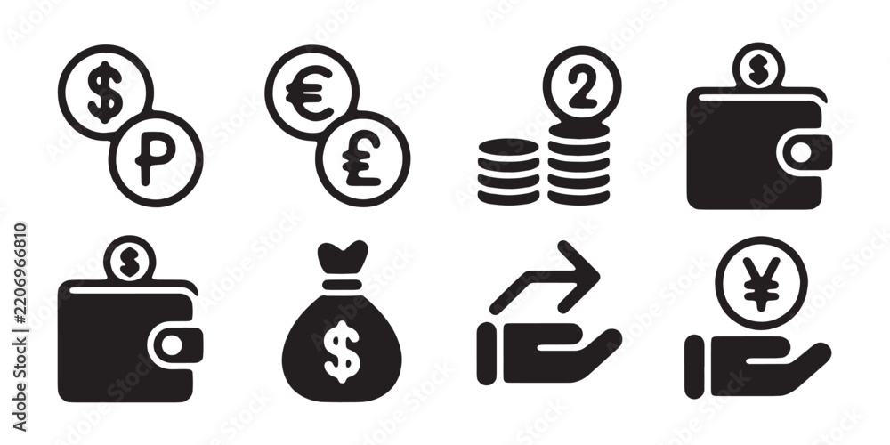 Fototapeta premium Money transaction icon set contains flat symbols for cash operations and diverse foreign currency.