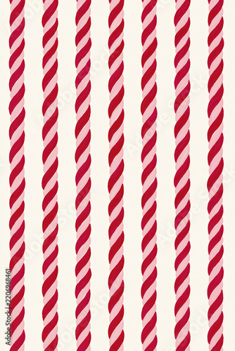 Hand-painted red and pink twisted vertical stripes repeat across a warm cream background, creating a festive candy-inspired decorative pattern.
