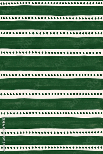 Hand-painted green horizontal stripes alternate with dotted white bands, creating a rustic festive abstract pattern on textured paper.