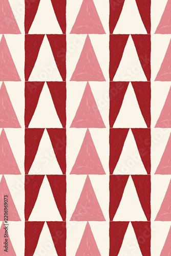Seamless geometric holiday pattern features alternating red and pink hand-painted triangles arranged in vertical rows on a warm cream background.