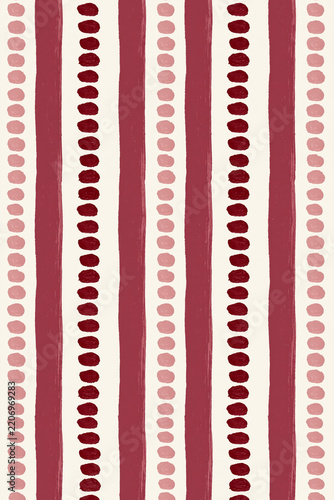 Hand-painted vertical stripes and dotted lines in muted red and pink create a rustic repeating pattern on a cream background.