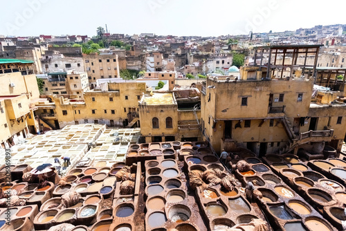 Leather coloring at  the tannery top view in Fes, Morocco