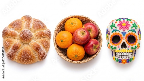 Pan de muerto, fruit and sugar skull for Day of the Dead