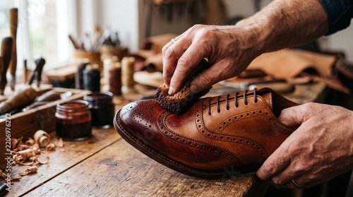 Shoemaker polishing and dyeing leather shoe in a traditional workshop