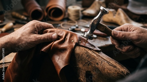 Shoemaker hands crafting leather shoes with hammer in artisanal workshop