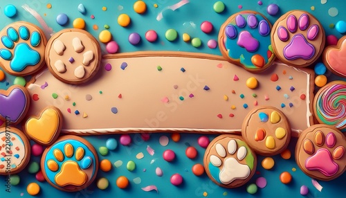 paw print cookie celebration banner surrounded by colorful candy and confetti for pet themed party