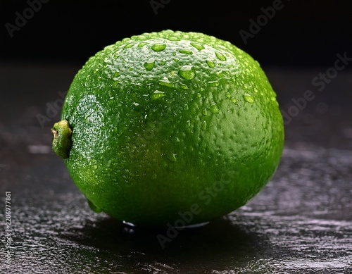 single fresh green lime with water droplets resting on a textured dark slate surface