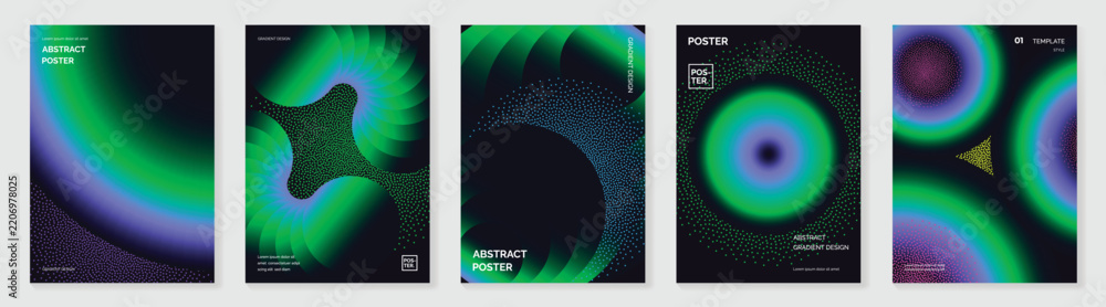 Obraz premium Abstract gradient vector poster collection with neon green blue circular waves and futuristic glowing geometric forms