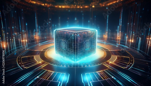 hologram cube glows inside a circular digital interface with light pillars arranged in a symmetrical dark space