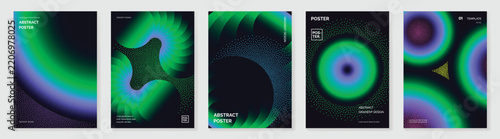 Abstract gradient vector poster collection with neon green blue circular waves and futuristic glowing geometric forms