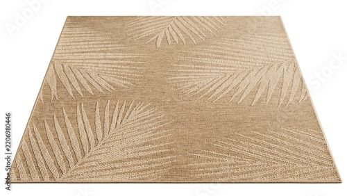 Brown rectangular polypropylene rug with a palm leaf pattern and textured woven surface, suitable for indoor and outdoor spaces.