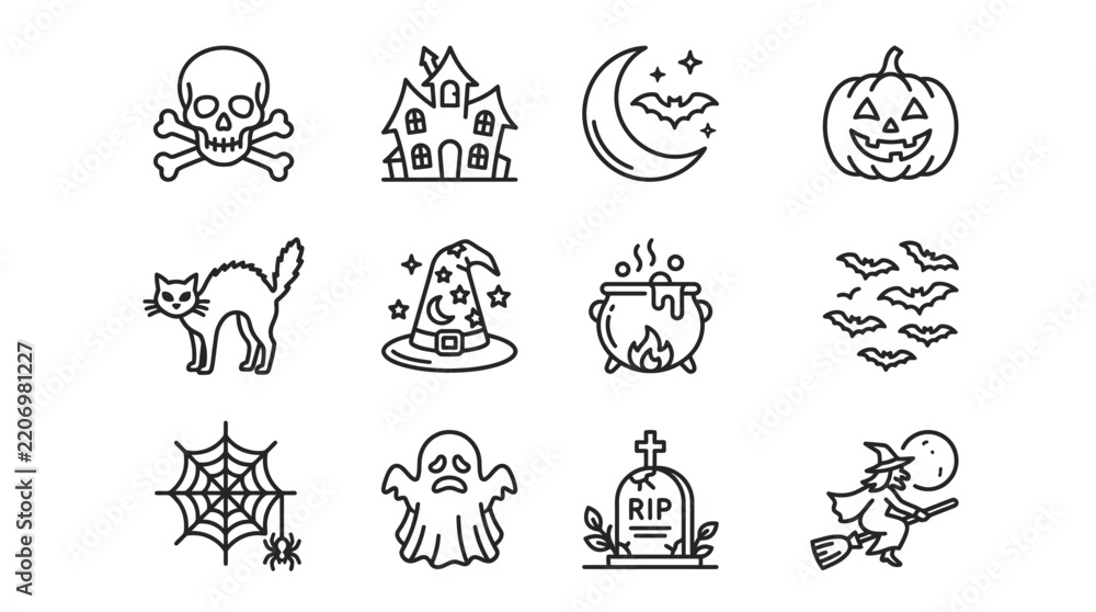 Obraz premium Minimalist Black and White Halloween Themed Icon Set with Skull Pumpkin Witch Ghost and Graveyard Illustrations