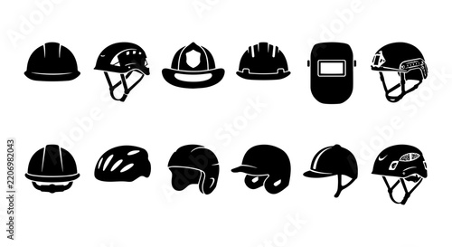 Diverse Safety Helmets and Head Protection Icons, Industrial and Sports Gear Collection