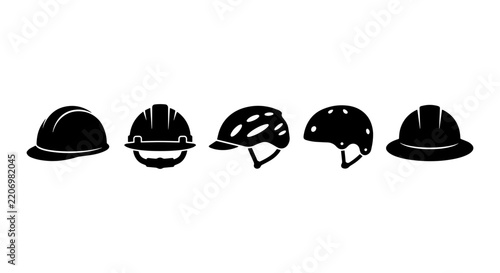 Safety Helmets, Hard Hats, Protective Headwear Icons Set, Industrial Protection Gear