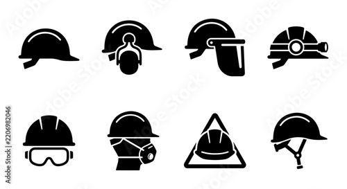 Industrial Safety Helmets, Hard Hats, Protective Gear Icons Set, Construction Work Equipment Vector