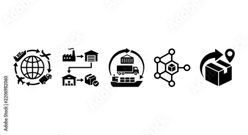 Global Logistics Icons, Supply Chain Flow, Shipping Network, Delivery Tracking Vector Set