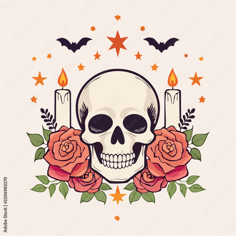 Fototapeta premium Spooky Halloween Skull Surrounded by Candles, Roses, and Bats for a Festive Celebration