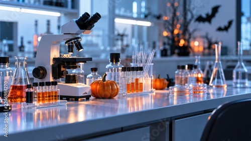 Halloween Science Laboratory With Microscope Pumpkins And Glowing Experiments