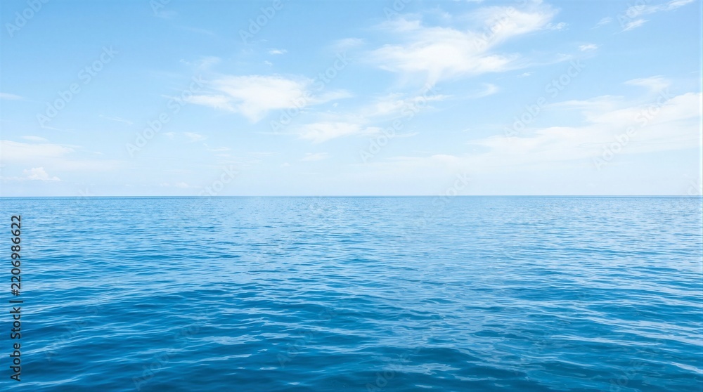Naklejka premium Vast ocean meets sky in perfect harmony. Blue waves ripple gently under soft light. Thin clouds drift lazily across the horizon. Calmness radiates from the endless sea