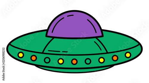 Cartoon Flying Saucer UFO with Purple Dome and Colorful Lights
