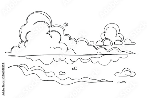 Minimalist line drawing of clouds and waves