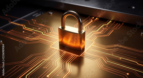 Padlock illustration on glowing gold circuit board for cyber security and data protection